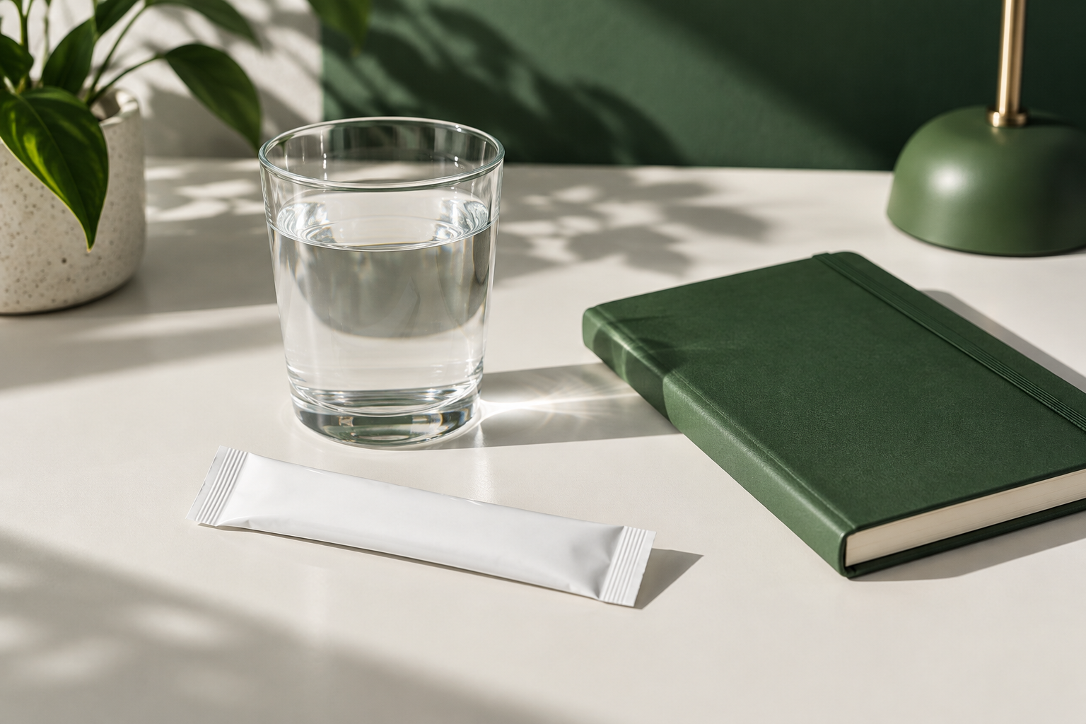 Illustrative workday scene with a notebook, water glass and unbranded sachet